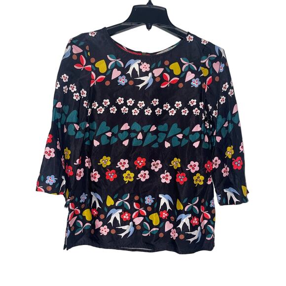 Boden size US 2 Aria Folklore Birds Heart Exposed Back Zipper Viscose Blouse Top - Picture 1 of 9